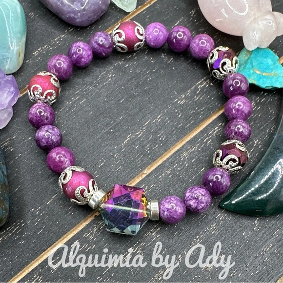 Purple Agate and silver hematite beaded handmade bracelet - Picture 1 of 7